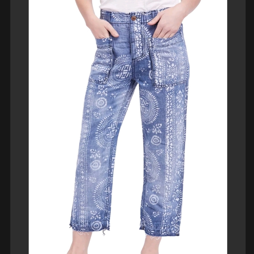 Free People Island Vibes Linen Tie Dye Bohemian Crop Capri Button Fly Pants
